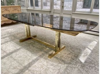 Brass And Smoked Glass Extension Dining Table In Style Of Milo Baughman