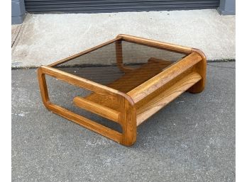 Vintage Lou Hodges Style Oak And Smoked Glass Coffee Table