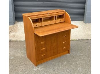 Vintage SMI Sweden Teak Rolltop Secretary Desk With Pullout Desktop