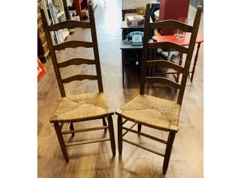 2 Antique Ladder Back Chairs With Rush Seats