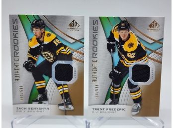 Pair Of 2020 SP Boston Bruins Rookies Game Used Jersey Cards