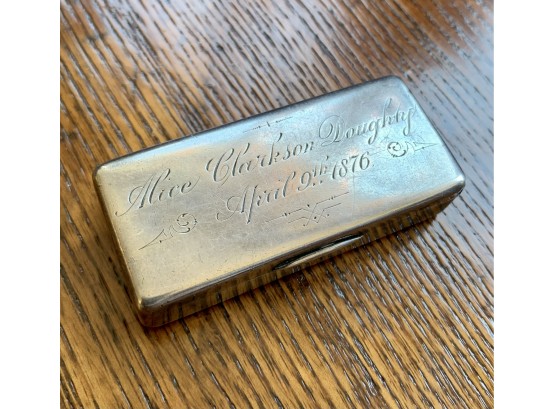 Antique 1876 Silver Match Box With Sticker