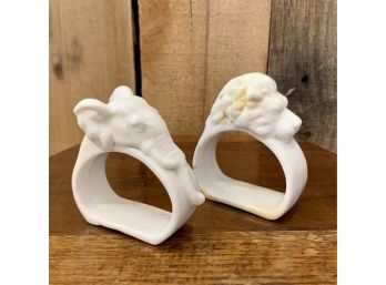 2 Antique White Porcelain Elephant And Lion Nap Rings