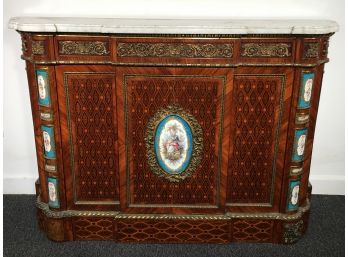 Spectacular Antique FRENCH CABINET Circa 1890 - Bronze Ormolu Mounts & Inlays / Limoges Panels / Marble Top