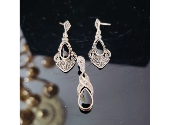 Genuine Silver And Onyx Tear  Drop Earrings