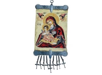 Mother Mary Child Embroidery With Art Work Of Metal Crosses