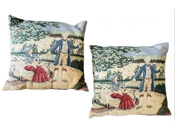 Pair Of Belgium Tapestry Pillows - Victorian Romantic Scene