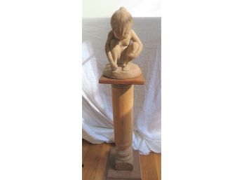 Signed Museum Kneeling Girl Sculpture And Wood Pedestal Stand