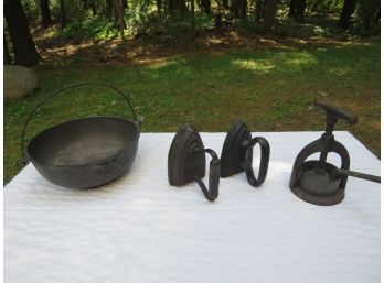 Cast Iron Pot, Sad Irons And Antique Juicer