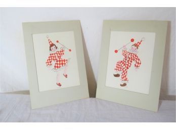 Pair Of Signed A.T. Ulrich Clown Watercolors
