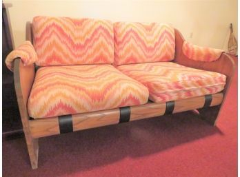 Retro Mid-century Wood Couch With Zigzag Fabric