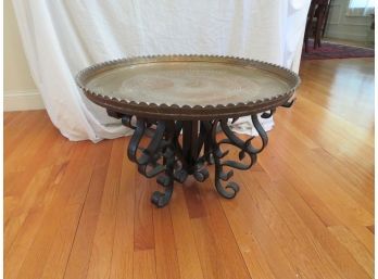Etched Middle Eastern Brass Tin Tray On Ornate Wrought Iron Stand