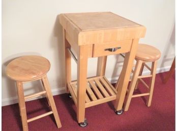 Butcher Block Island Table With 2 Swivel Stools
