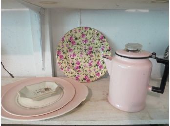 Vintage Pink Enamel Coffee Pot And Pink Themed Kitchen