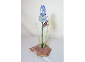 Hand Blown Art Glass Iris Flower Sculpture On Stand