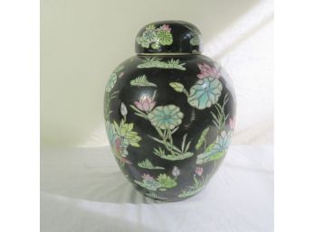 Asian Chinoisere Black Floral Chintz Ginger Jar