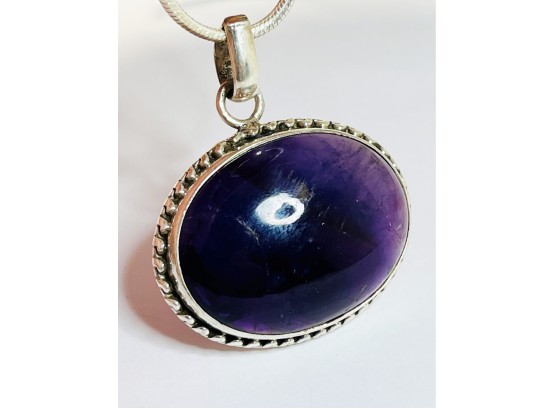 New Sterling Silver Large  Amethyst Stone Oval Pendant And Necklace