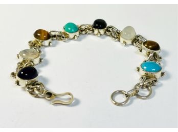 New Sterling Silver Multi Stone Bracelet - Onyx, Turquoise, Tigers Eye, Moon Stone Quartz