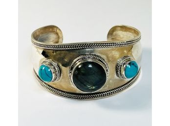 New Thick Sterling Silver Cuff Bracelet Onyx And Turquoise Colored Stones