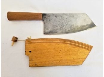 Vintage Hand Forged Japanese Round Chopping Knife With Wood Protective Case
