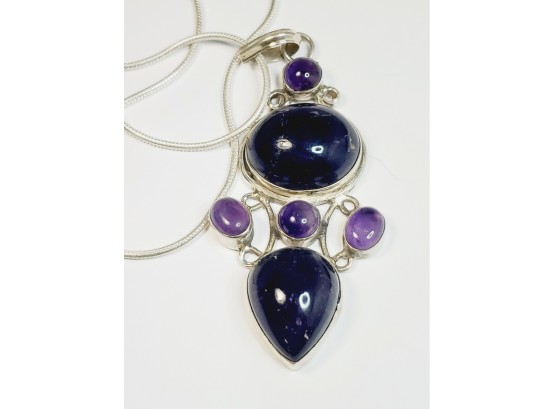 Large Sterling Silver Amethyst Pendant And Necklace