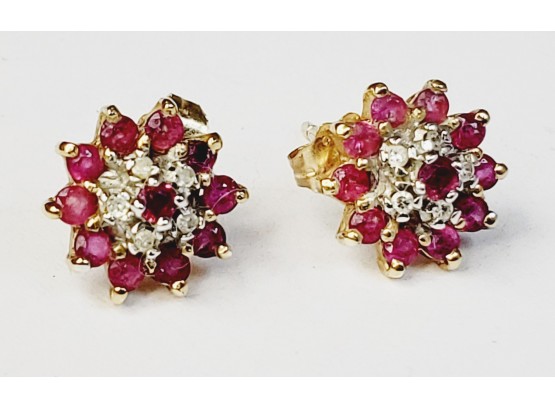 Vintage 14k Yellow Gold Pink/red Stone & Diamond Earrings