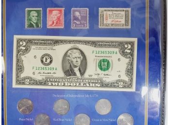 Thomas Jefferson Collection Set -UNC $2 Dollar Bill , Coins & Stamps In Folder