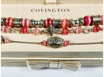 3 Covington Bracelets With Beaded Pink Stones Silver Tone