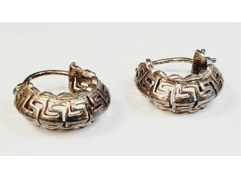 Vintage Sterling Silver Hoop Earrings With Greek Pattern Design