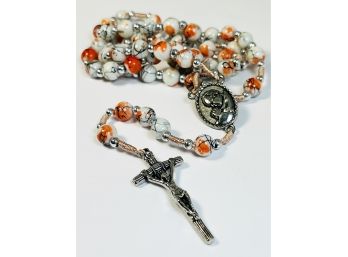 Orange White Gemstone And Copper Beaded Rosary Necklace Crucifix