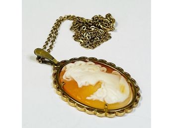 Vintage Gold Tone Orange Krementz Cameo Pendant With Necklace