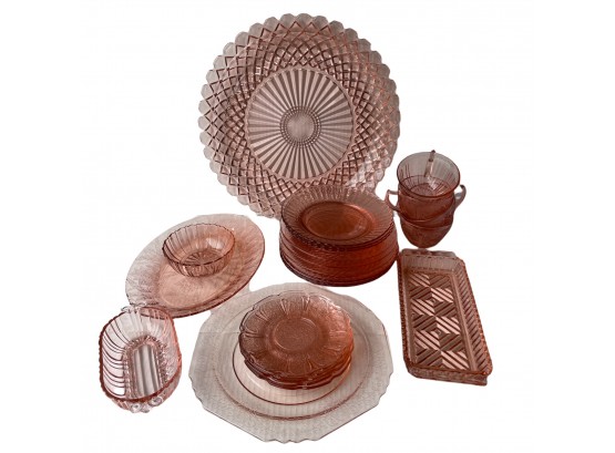 27 Pieces Of Pink Depression Glass Glassware.