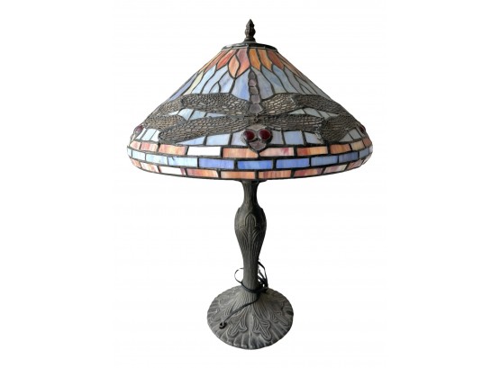 Tiffany Style , Stained Glass Table Lamp With Large Dragonflies. 24' Tall