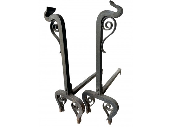 Vintage Mid-Century Modern MCM ? / Arts And Crafts ? Wrought Iron Andirons.