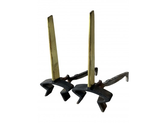 Vintage Mid-Century Modern MCM, Donald Deskey For Bennett Co, Brass And Wrought Iron Signed Andirons.