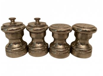 Pair Of Tre-spade ( Italy)  Pepper Mills And A Pair Of Matching Pewter Salt Shakers.