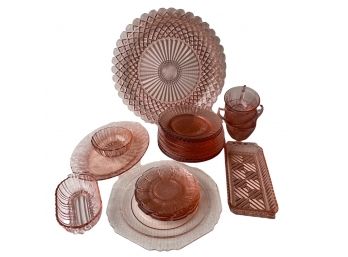 27 Pieces Of Pink Depression Glass Glassware.