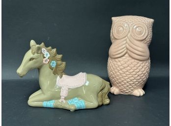 A Fun Pair Of Ceramic Coin Banks: Horse & Owl