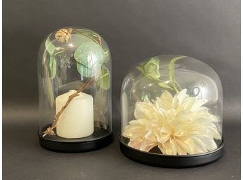 A Pair Of Decorative Glass Cloches With Faux Floral/Candle