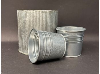 Corrugated Metal Cylinder & Two Metal Plant Pails