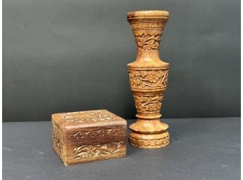 A Carved Wood Vase & Compatible Trinket Box