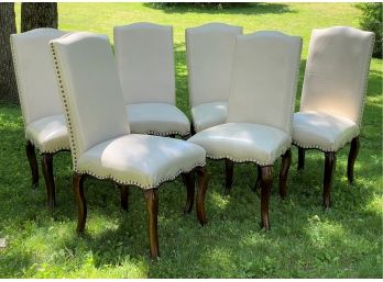 A Set Of Six Dining Chairs By Pier 1 In Creamy White Leather With Nailhead Trim