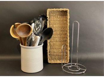 Three Great Kitchen Items: Stoneware Utensil Crock, Woven Basket & Paper Towel Holder