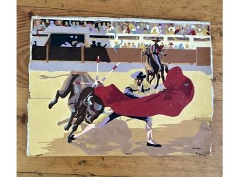 A Signed Mid Century Bullfight Painting On Board