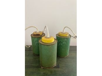 A Set Of Three Vintage Green Pierced Metal Pendant Can Lights