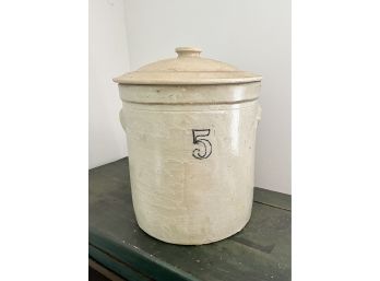 A Large Number 5 Stoneware Crock With Lid