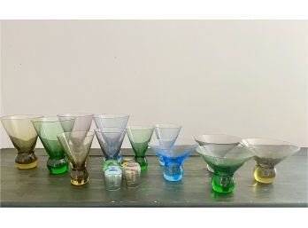 A Set Of Vintage Italian Colorful Bubble Ball Bar Glasses - High Ball, Cordial, Shot And Martini Glasses