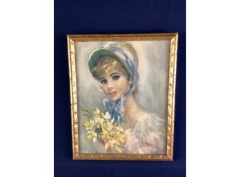 Framed Signed Painting Of Woman Holding Flowers