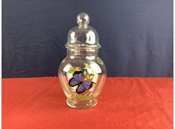 Vintage Westmoreland Glass Lidded Candy Dish With Blue Floral Pattern