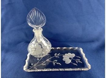Crystal Perfume Bottle With Fan Shape Topper And Etched Tray